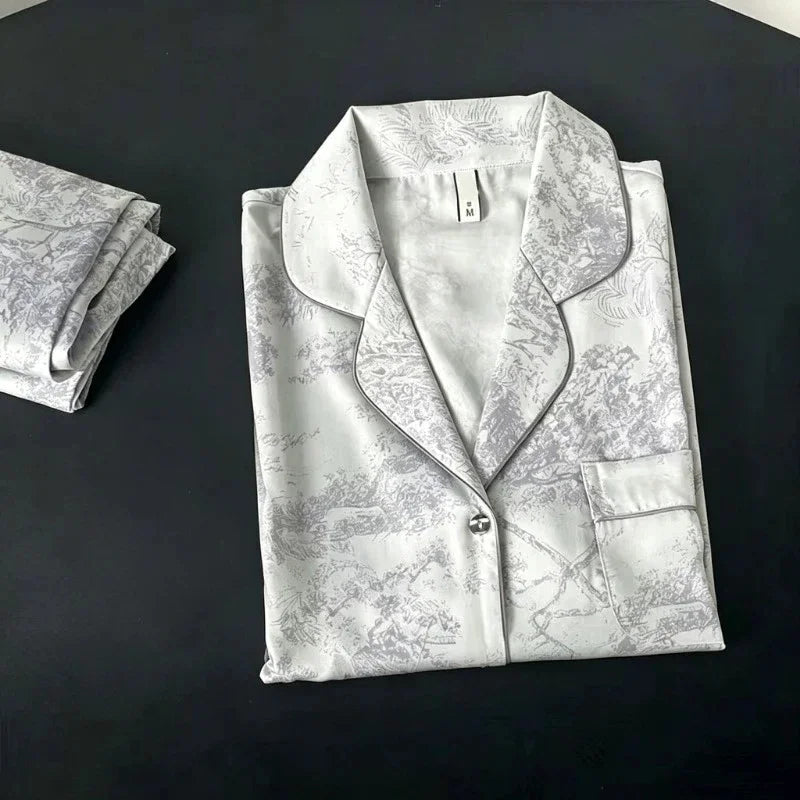 Women's Home Clothes Lapel Button Cardigan 2 Piece Outfit Set Women Printing Pajamas for Women Autumn Winter New Ice Silk