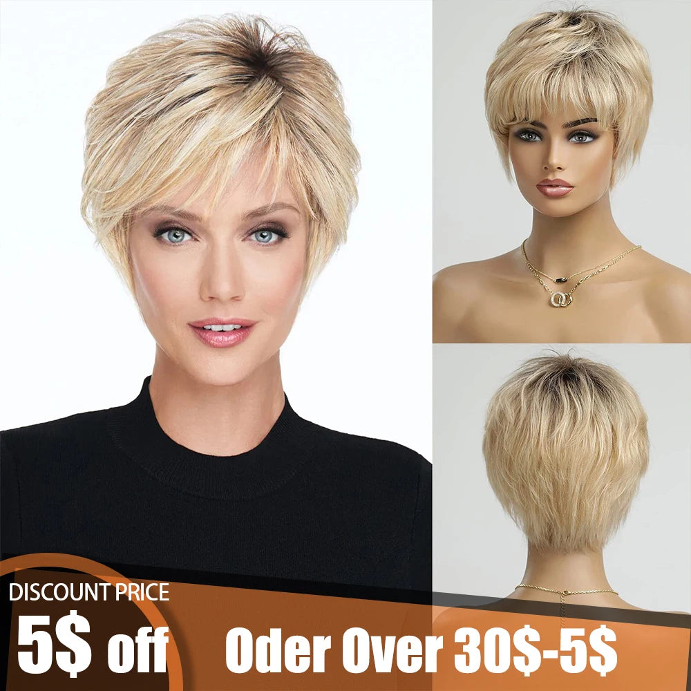 Short Layered Ombre Blonde Pixie Cut Wig With Bangs For Women