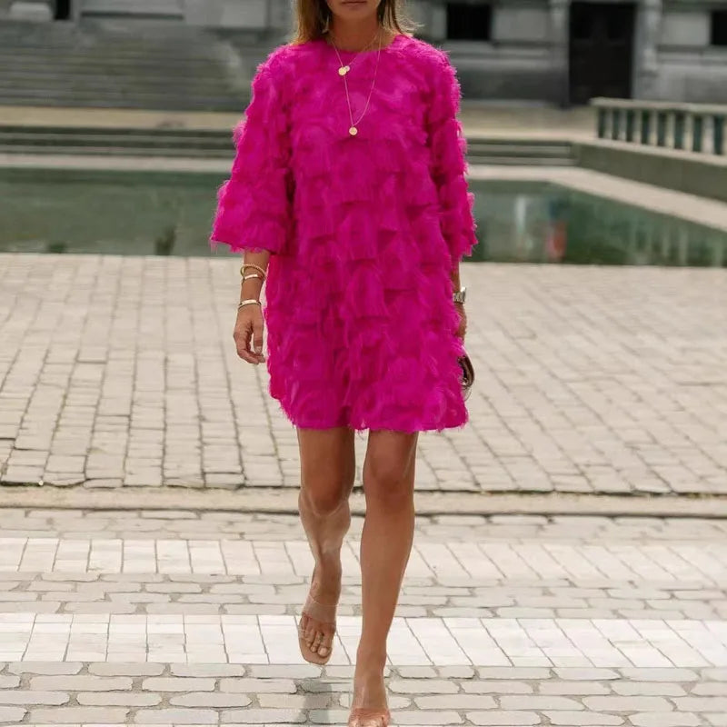 Ladies O Neck Long Sleeve Solid Color Party Dress Tassel Loose Streetwear Midi Dress Elegant Temperament High Waist Office Dress