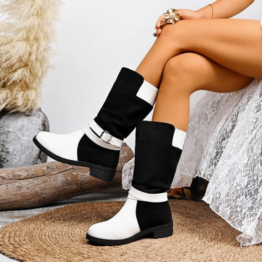 Women's large-sized black and white patchwork thigh-high knee-length fashion boots 2025 autumn/Winter round-toed boots