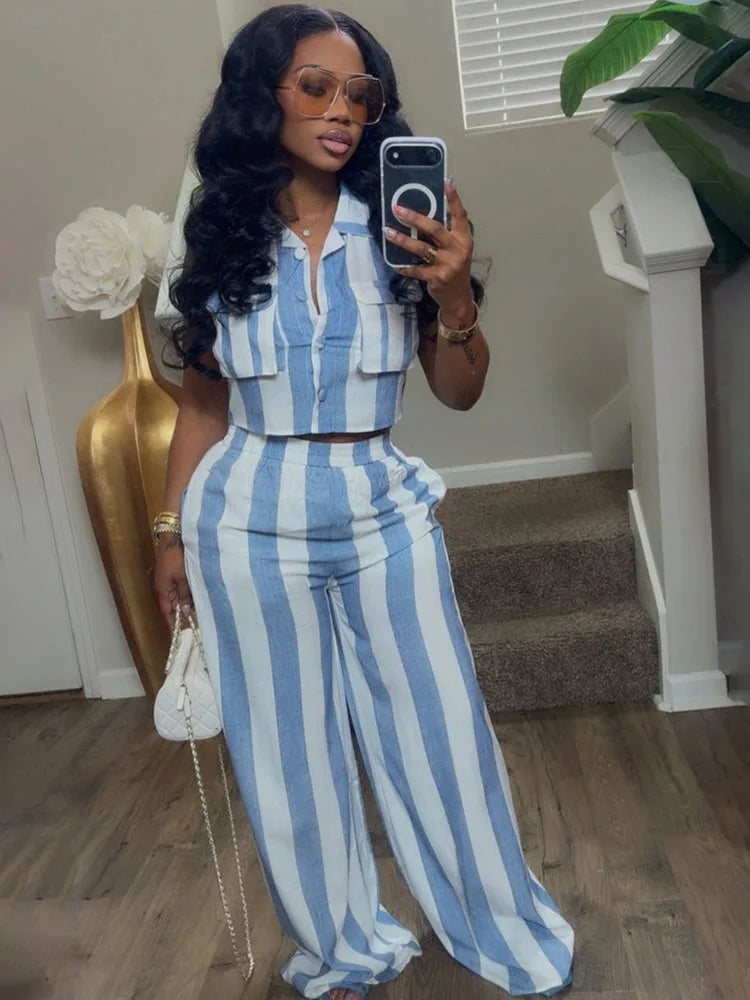 Striped Two Piece Shirt And Wide Leg Pants Set for Women