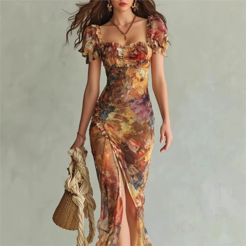 Elegant Lace Print Square Neck Tube Dress for Women