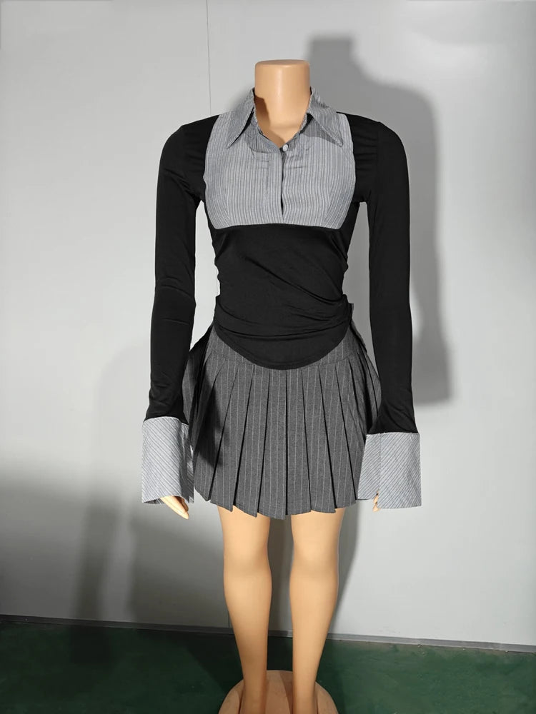Fashion Cute Preppy Style 2 Two Piece Set Women Outfit Polo-Neck Button Stripe Print Patchwork Shirt and Mini Pleated Skirt Sets