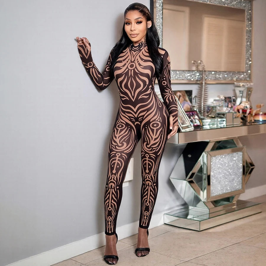Striped Stretch Turtleneck Long Sleeve Jumpsuit for Women