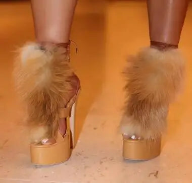 Elegant Faux Fur Cross Tie Platform Sandals for Women