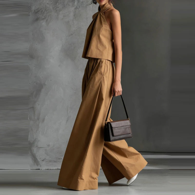Sleeveless Halter Top And Wide Leg Pants Set for Women