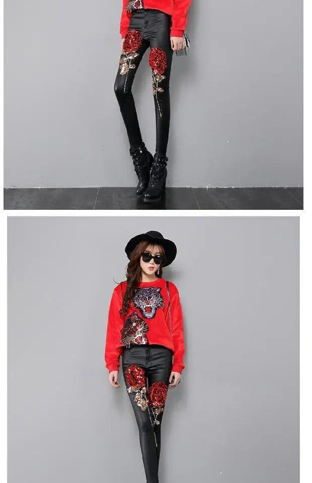 2025 Spring and Autumn Women's Leather Pants New Rose Sparkle Slim Fit Small Leg Pants Women's Bottom and Outer Wear