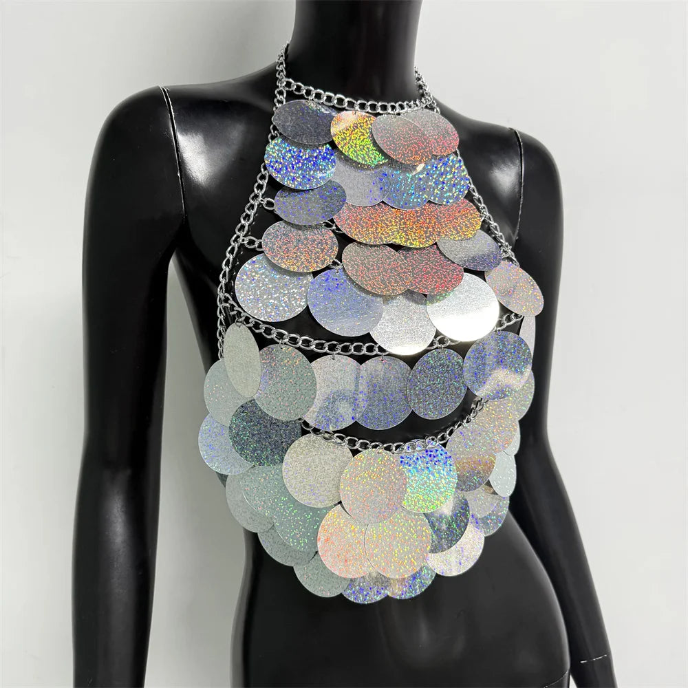 Shimmering Sequin Halter Tassel Crop Top for Women