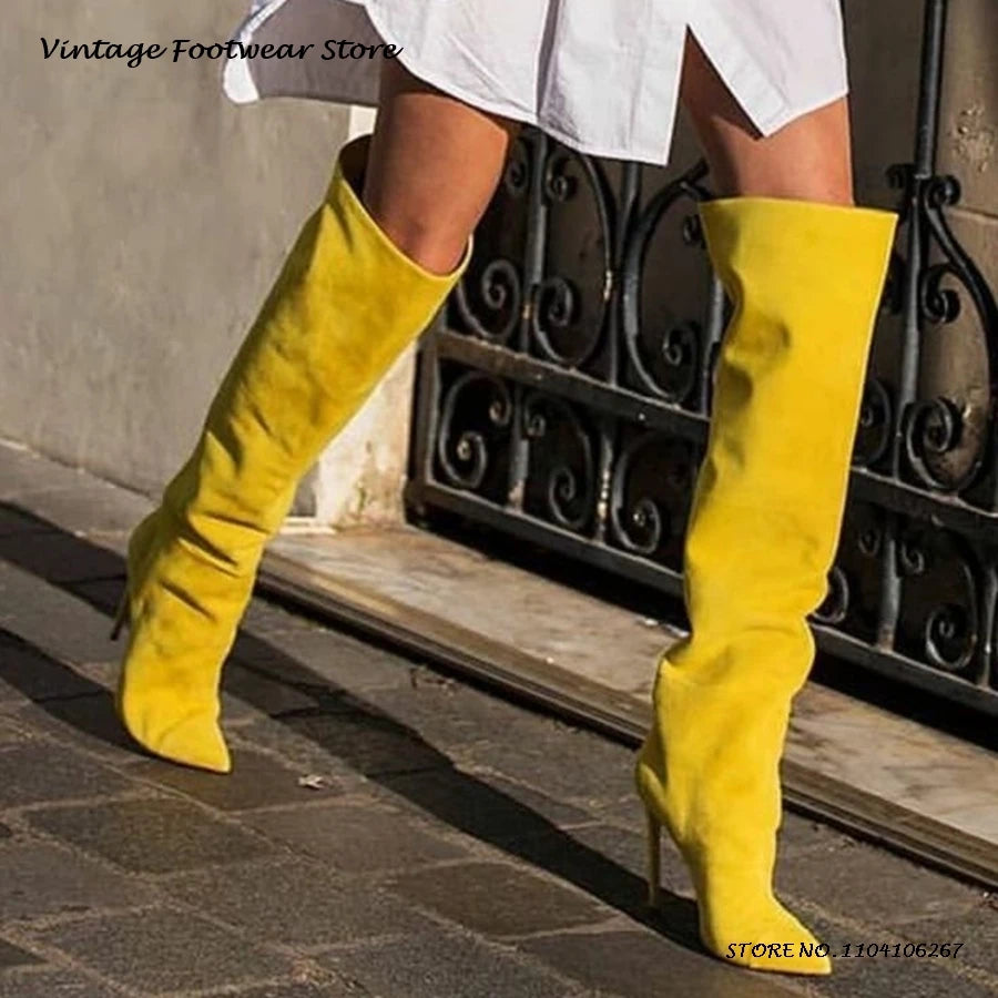 Yellow Suede Pointed Toe Knee-High Boots for Women