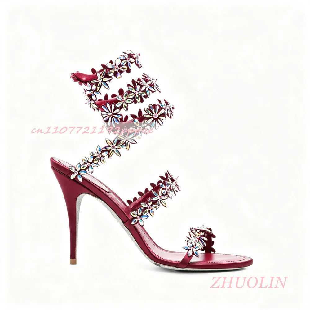 Rhinestone Floral Open Toe Stiletto Wedding Sandals for Women