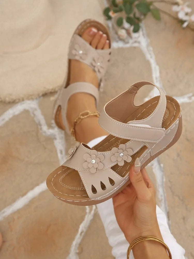 Modern Floral Buckle Wedge Sandals