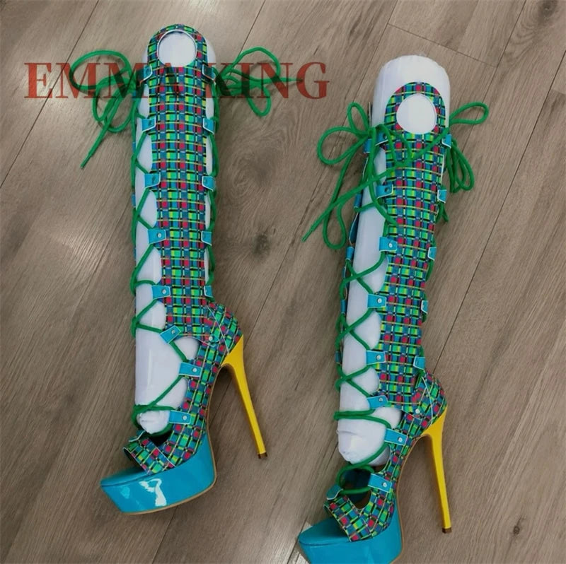 Multicolor Plaid Hollow Out Gladiator Sandals for Women