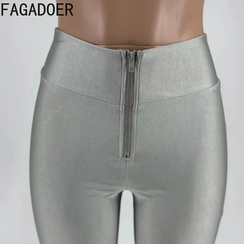 FAGADOER Summer New Fashion Zipper Patchwork Leggings Pants for Woman Solid Color High Waist Bodycon Pants Female Sportswear New