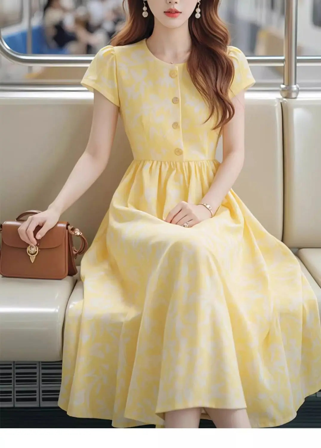 Lightweight Yellow Print Midi Dress With Cinched Waist for Women