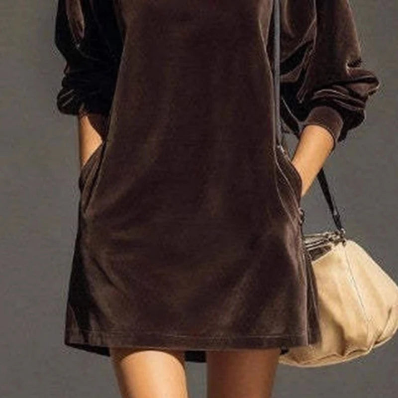 Autumn Winter Solid Velvet Pullovers Dress Woman Fashion Pile Collar Straight Mini Dress Vintage Long Sleeve Pocket A-Line Dress