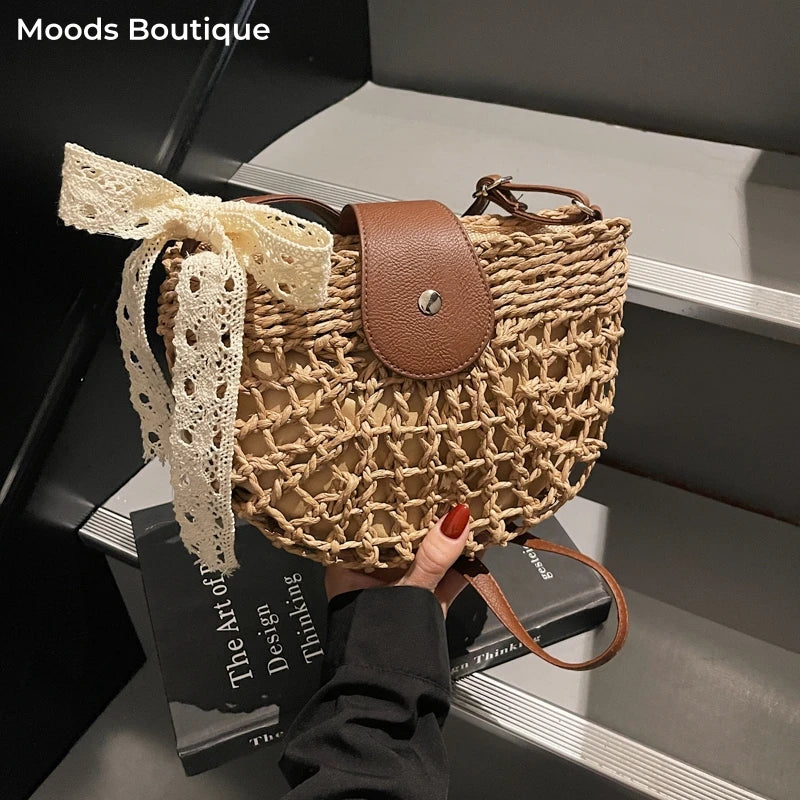 Straw Knitted Shoulder Bag With Bowknot Handmade for Women