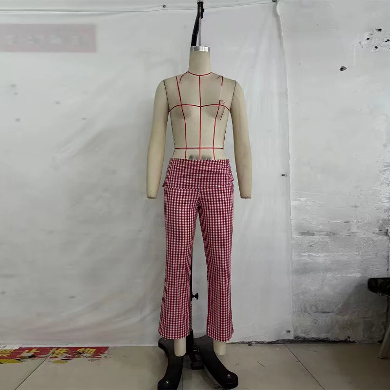 Casual Plaid Vest And Pleated Pants Set Beachwear for Women