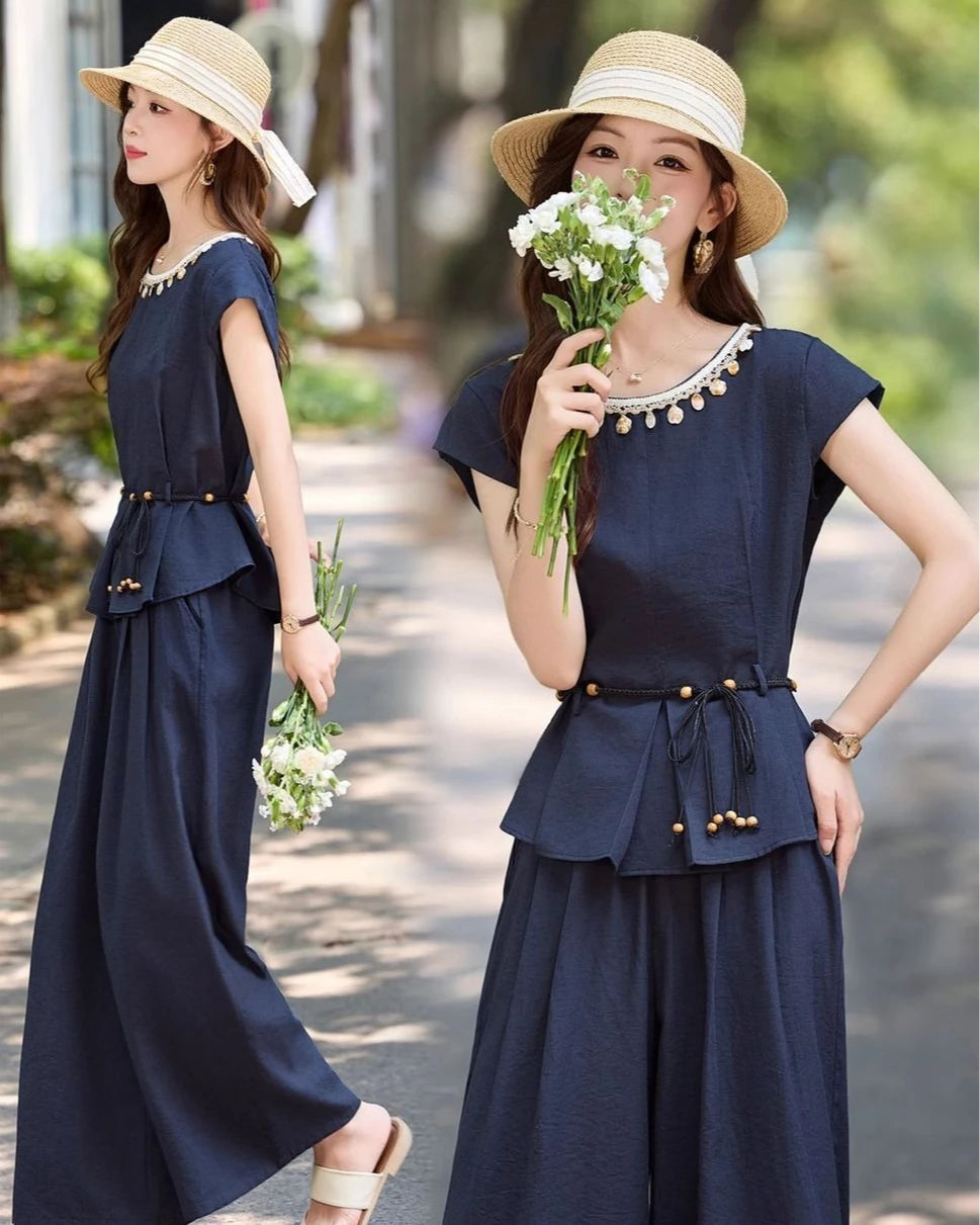 Women's Summer Wide Leg Pants Set 2026 New Arrival Elegant High End 2 Piece Outfit for Casual Chic Look Trending Fashion