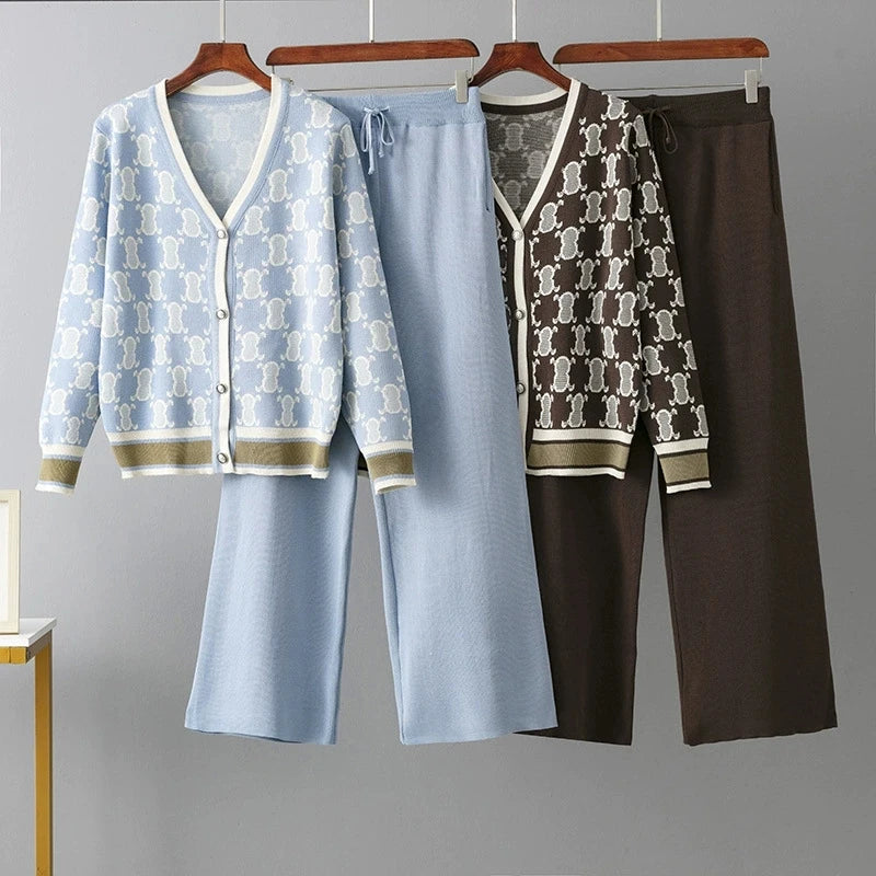 V-Neck Printed Knit Sweater and Pants Set for Women