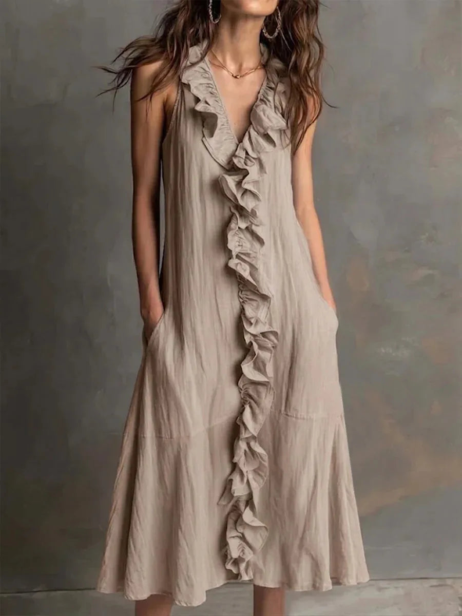 Solid Color Ruffle Trim V Neck Sleeveless Midi Dress with Pocket for Women