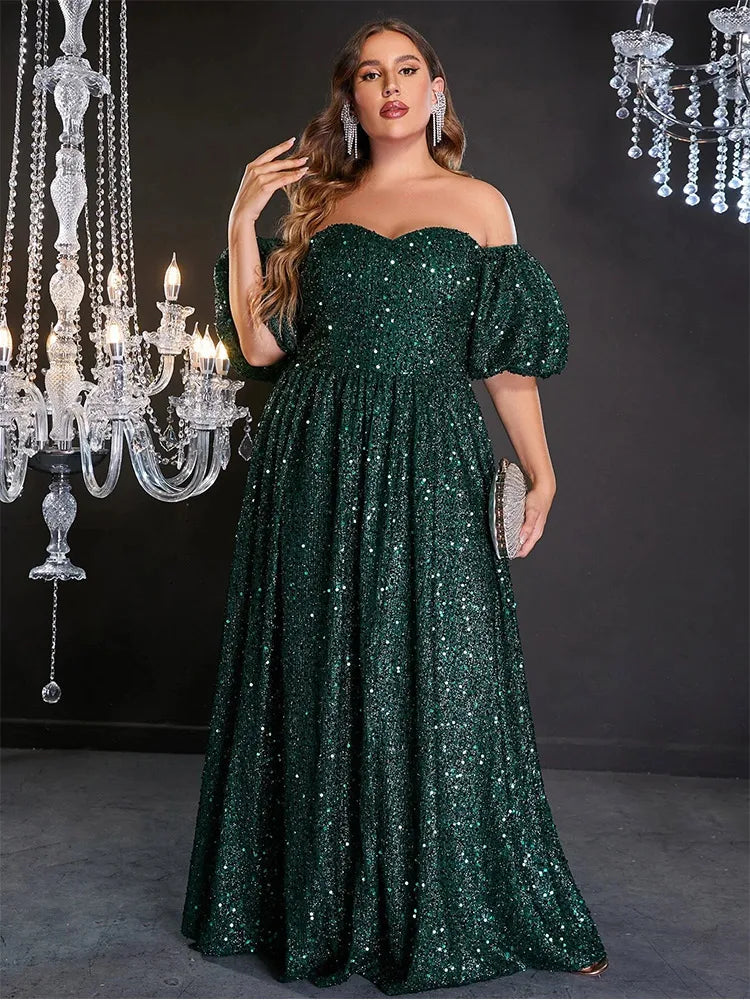 Plus Size Off-Shoulder Gray Silver Short-Sleeved Luxury Bridesmaid Evening Dress Banquet Bigsize Long Dress For Women 4xl 5xl