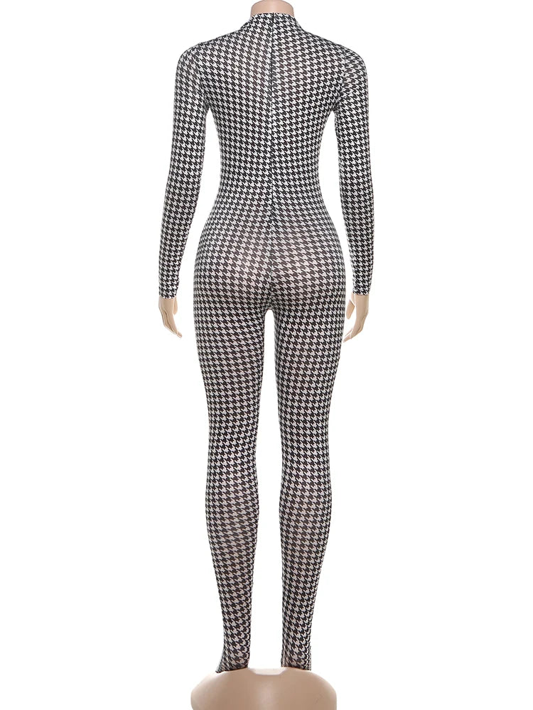 Snake Print Long Sleeve Zip Up Stretch Jumpsuit for Women