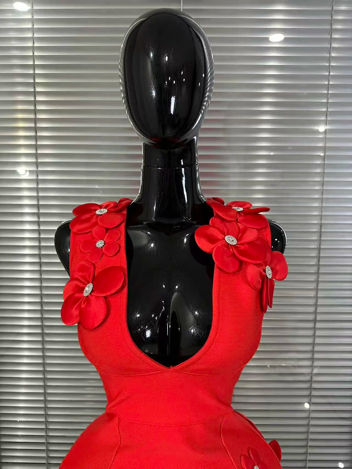 Black Red Women Sexy Sleeveless V-Neck Florals A-Line Bandage Dress Celebrate Nightclub Party Evening Birthday Photohoot Wear