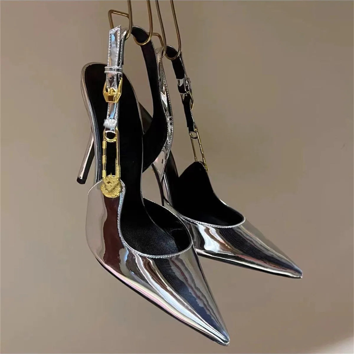 Sexy Pointed Toe Slingabck Rhinestone Sandals Lady Leather Luxury Dress Stiletto High Heel Pumps Women Shoes Metal Buckle