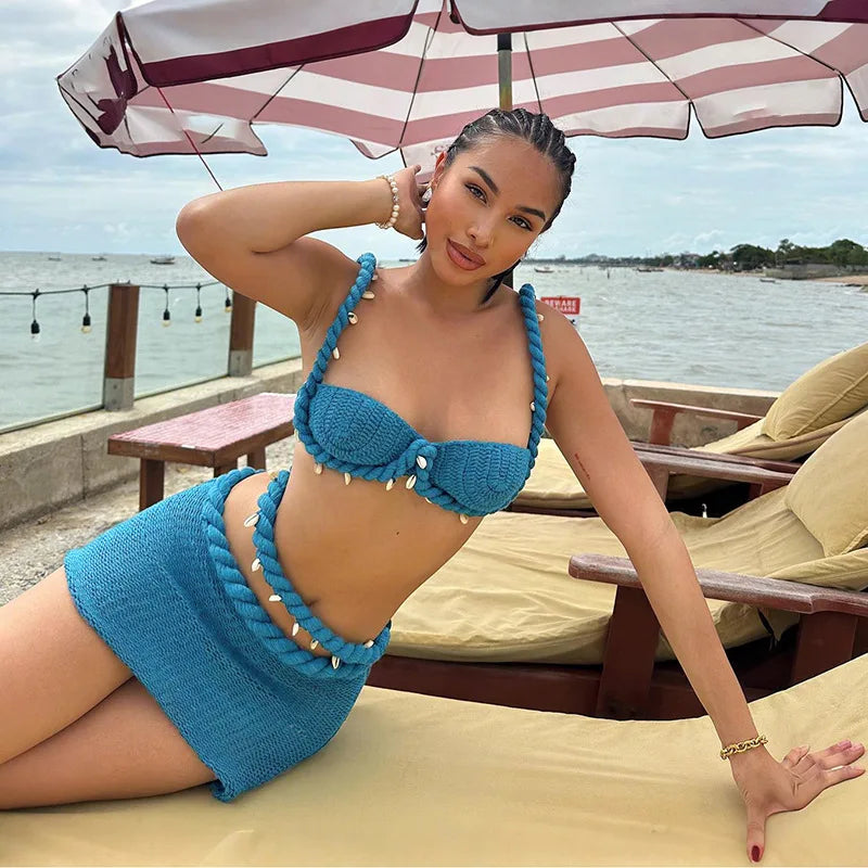 FAGADOER Sexy Knit 2 Piece Sets Woman Outfit Strap Low Neck Camis+Slash Waist Mini Skirts Suits Female Hipster Beach Clothing