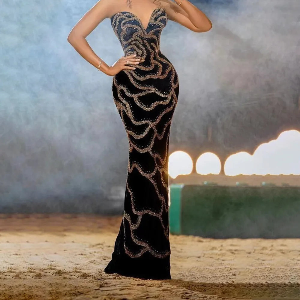 Sweetheart Strapless Deep V Velvet Rhinestone Rose Pattern Maxi Dress for Women