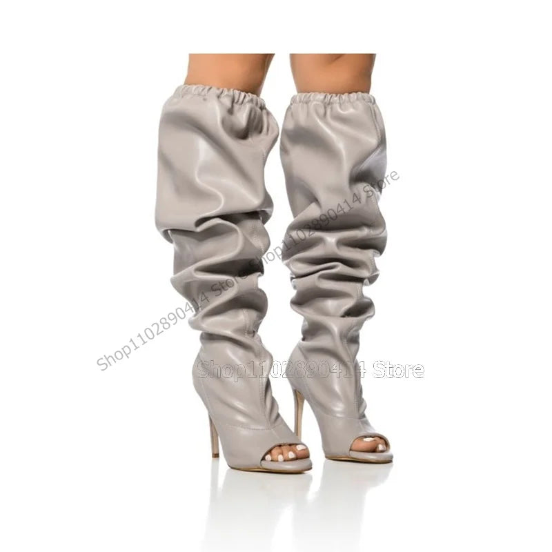 Gray Elastic Pleated Open Toe Thigh High Boots For Women