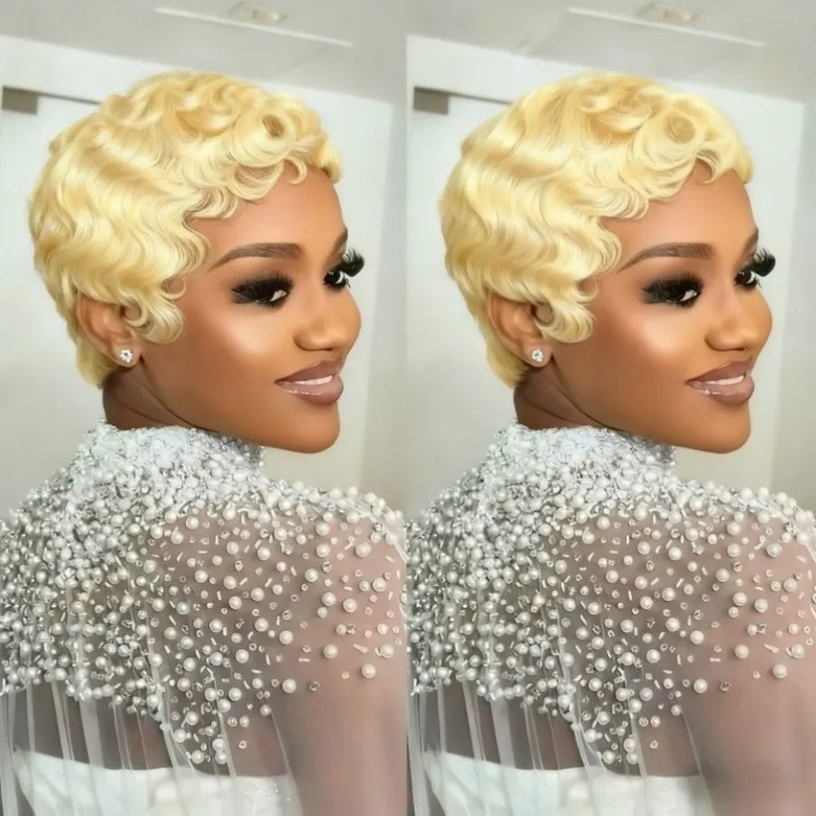 Natural Blonde Short Wavy Pixie Cut Human Hair Wig For Women