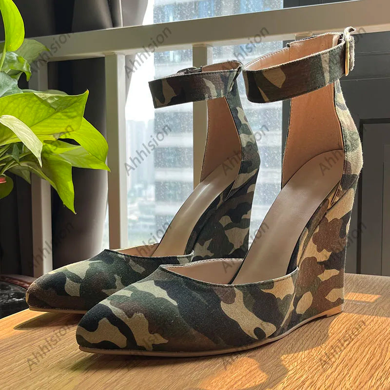 Camouflage Pointed Toe Pumps With Buckle Strap For Women
