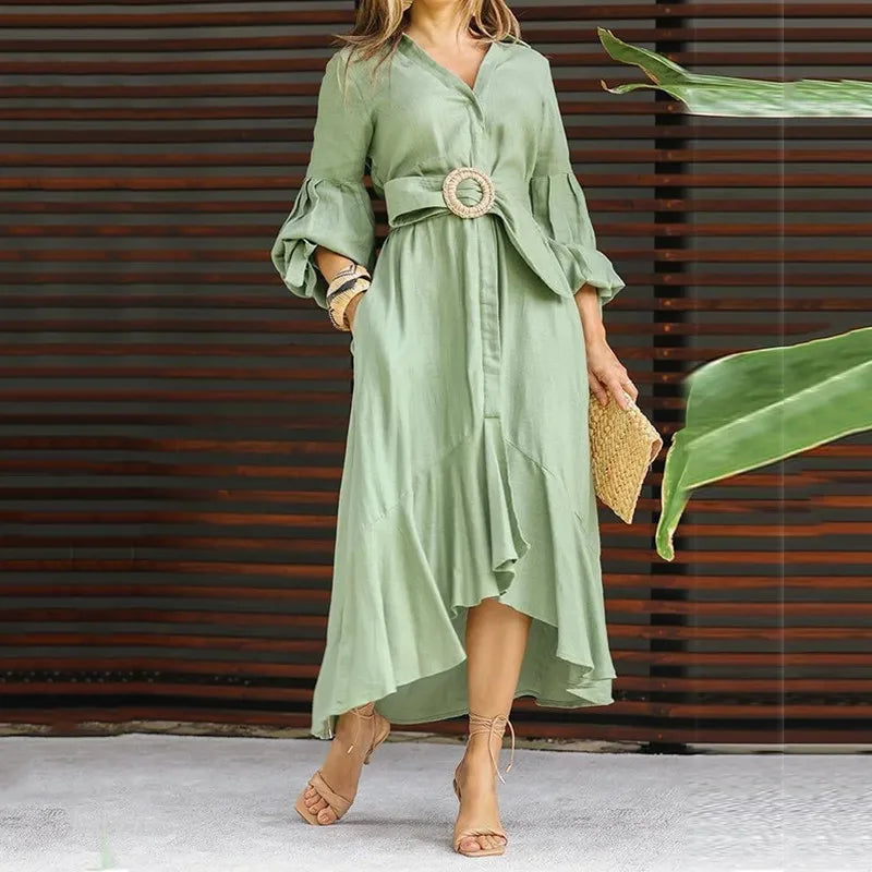 Casual Summer Dress With Turn Down Collar And Pockets for Women