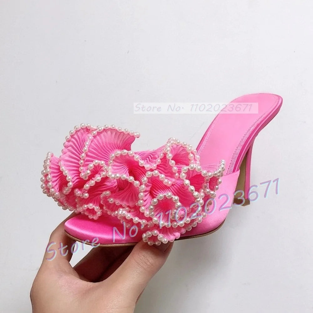 Satin Floral Open Toe Mules With Pearl Trim For Women