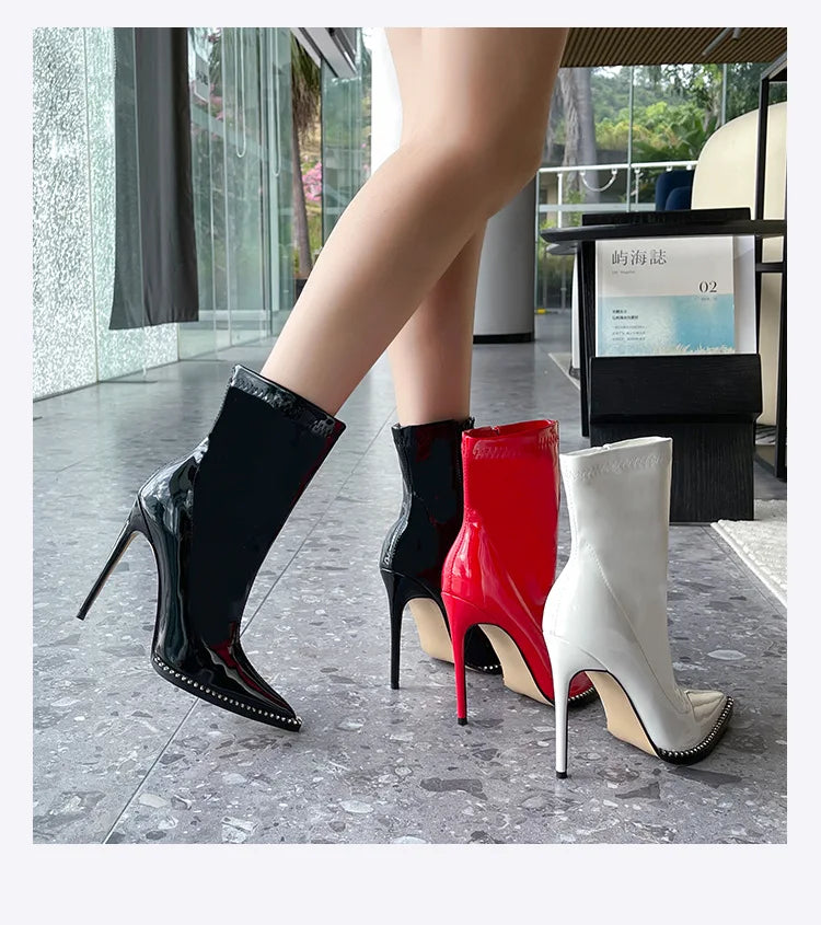Elegant Rhinestone Bordered Side Zipper High Heel Ankle Boots for Women