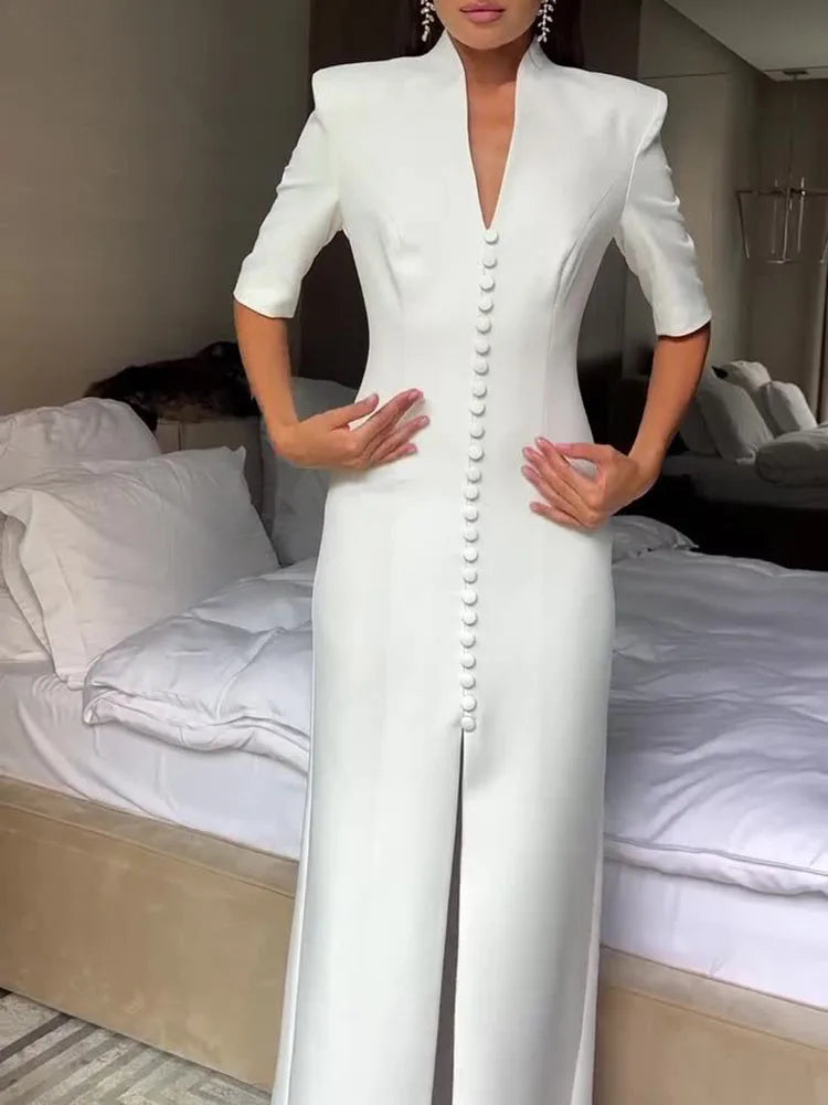 New Fashion Evening Gowns White Elegant Skinny Split Dress Woman Stand Collar Short Sleeve Single Breasted Shoulder Pad Vestidos