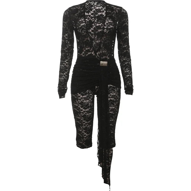Low Neck See Through Jacquard Long Sleeve Romper for Women