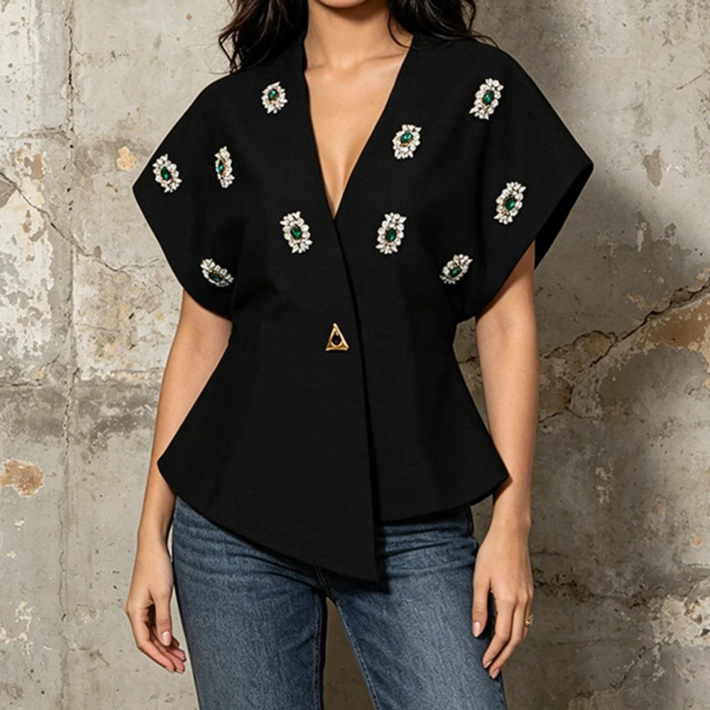 Black Diamond Encrusted Single Breasted Cropped Jacket For Women