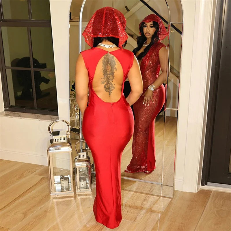Sequined Mesh Sleeveless Deep V Neck Hooded Maxi Dress for Women