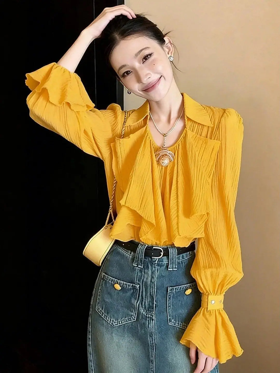 French Niche Ruffle Detail Loose Fit Shirt in Yellow for Women