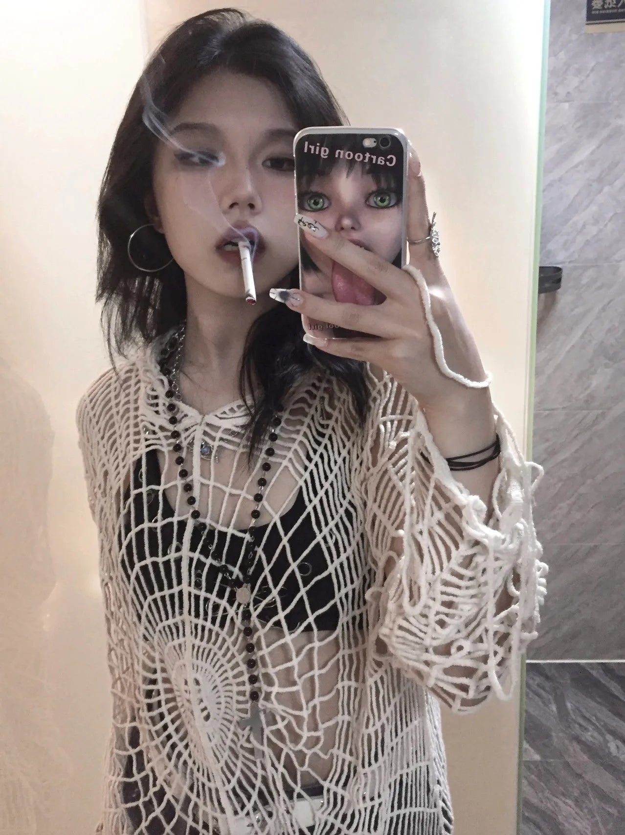 Karrram Japanese Y2k Hollow Out Knitted Top Trashy 2000s Style Spider Web Pullover Vintage Harajuku Hole Hooded Knitwear Grunge