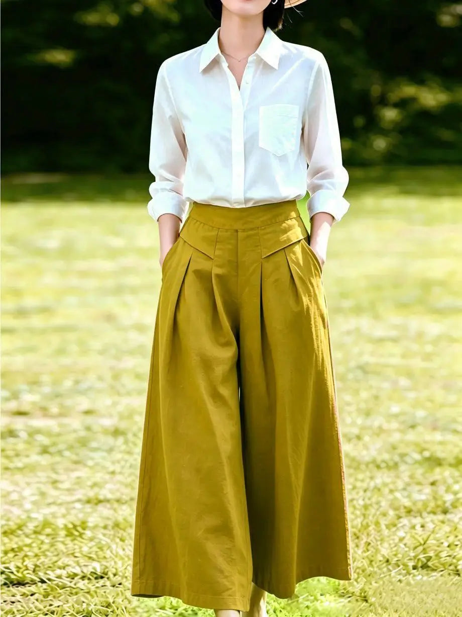 High-Waisted Cotton Linen Wide-Leg Culottes for Women