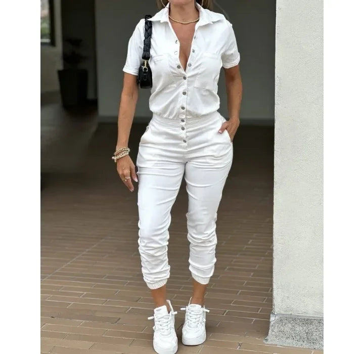 Women's Jumpsuit Summer 2025 Fashion Ankle Tied with A Lapel Pocket and Elastic Buttons At The Waist Short Sleeved Bodysuit Pant