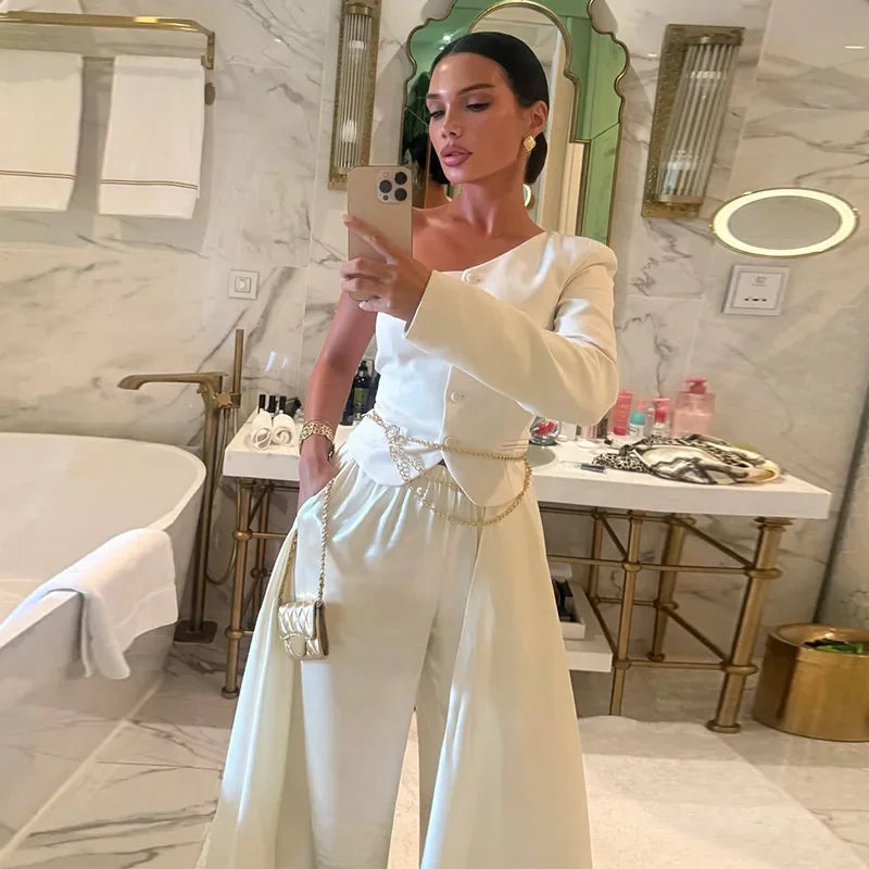 Chic White Lace Patchwork Long Blazer Set for Women