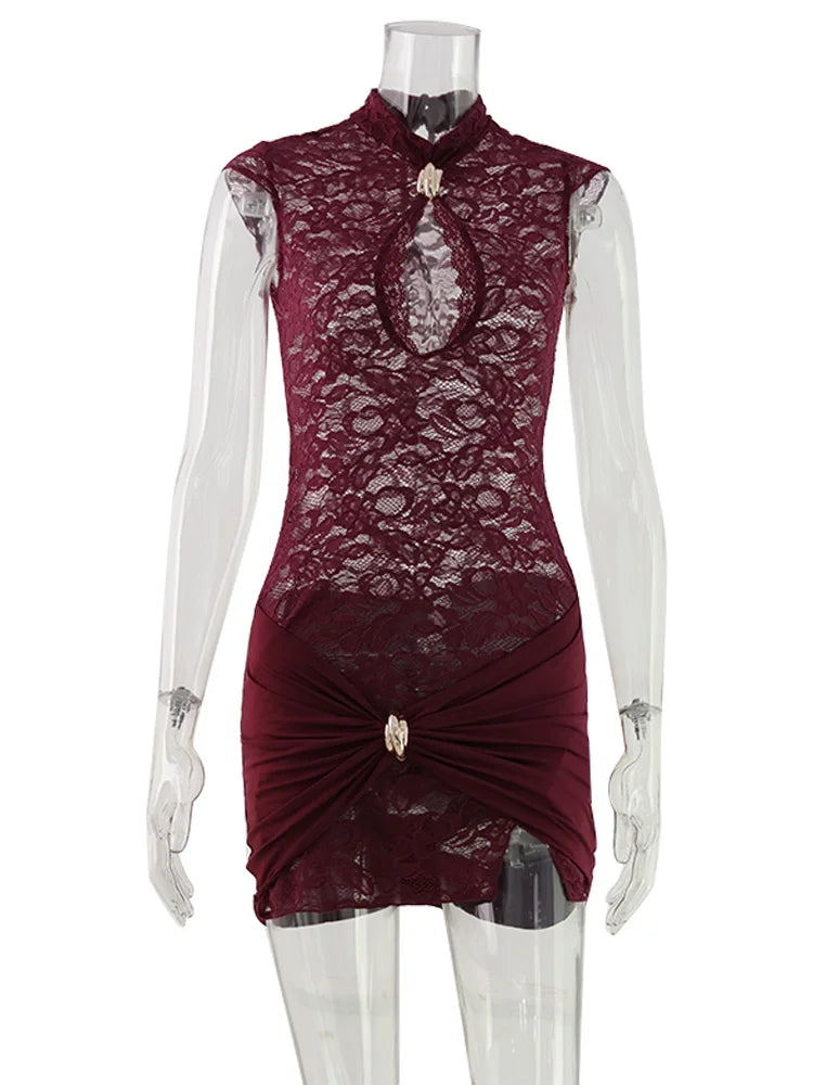Lace Patchwork High Neck Bodycon Mini Dress for Women
