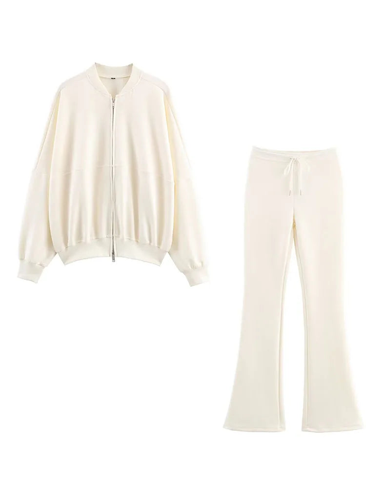Solid Color Pilot Jacket and Lace-Up Flared Pants Two-Piece Set for Women