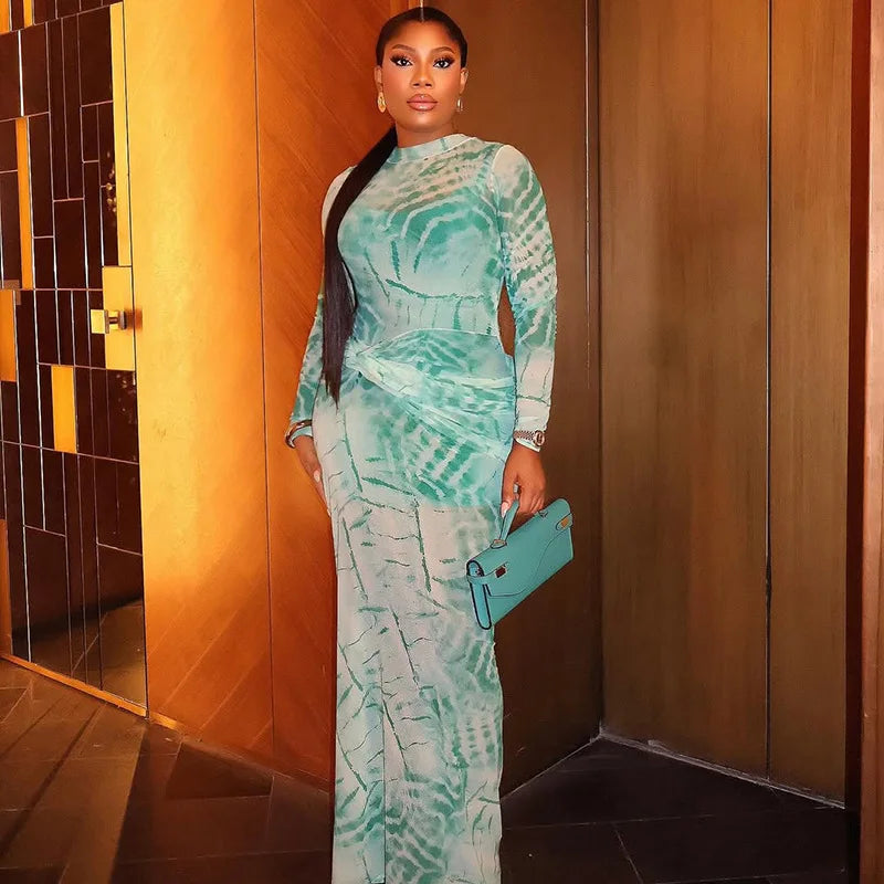 Long Sleeve Mesh Maxi Dress with Stripe Print for Women