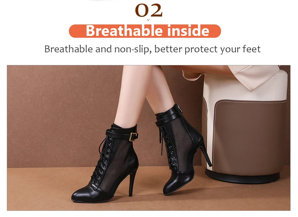 Black Mesh Latin Dance Booties With High Heels for Women