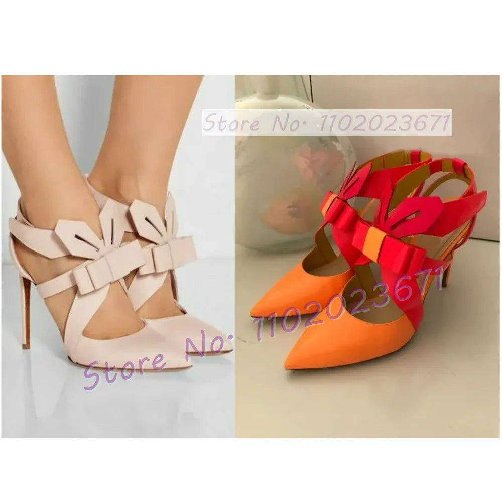 Multicolor Patent Leather Slingback Sandals Women Fashion Folding Bowknot Pointy Toe High Heels Sandals Party Chic Lovely Shoes
